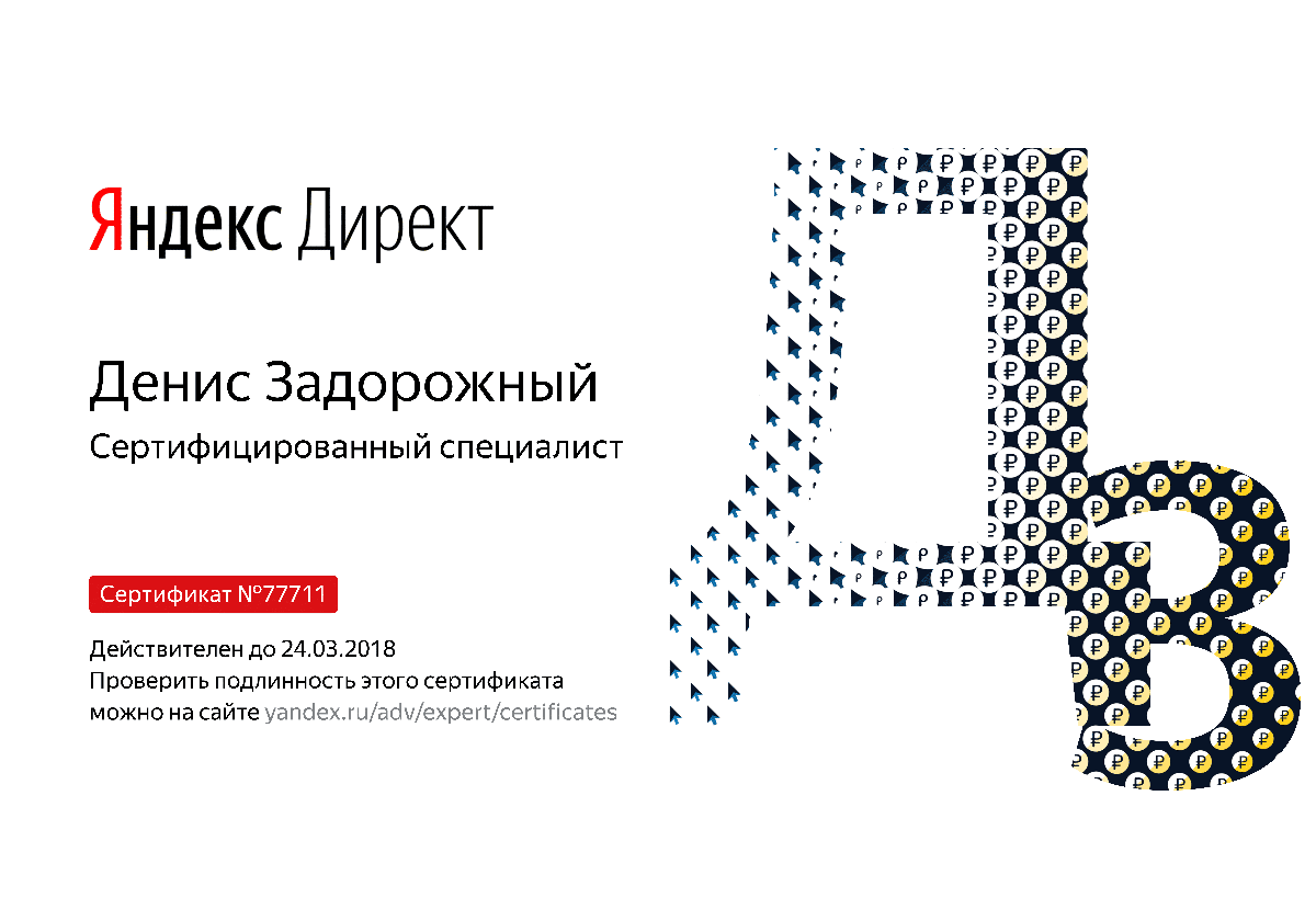 Сертификат специалиста Яндекс. Директ - Задорожный Д. в Нарьян-Мара